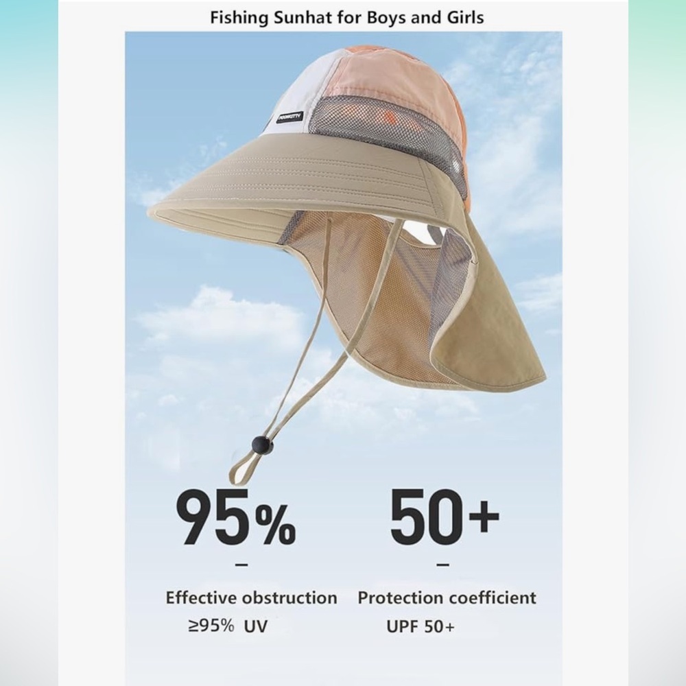 Moon Kitty Kids Sun Hat with Neck Flap - Beige, White, and Orange - Picture 4 of 11